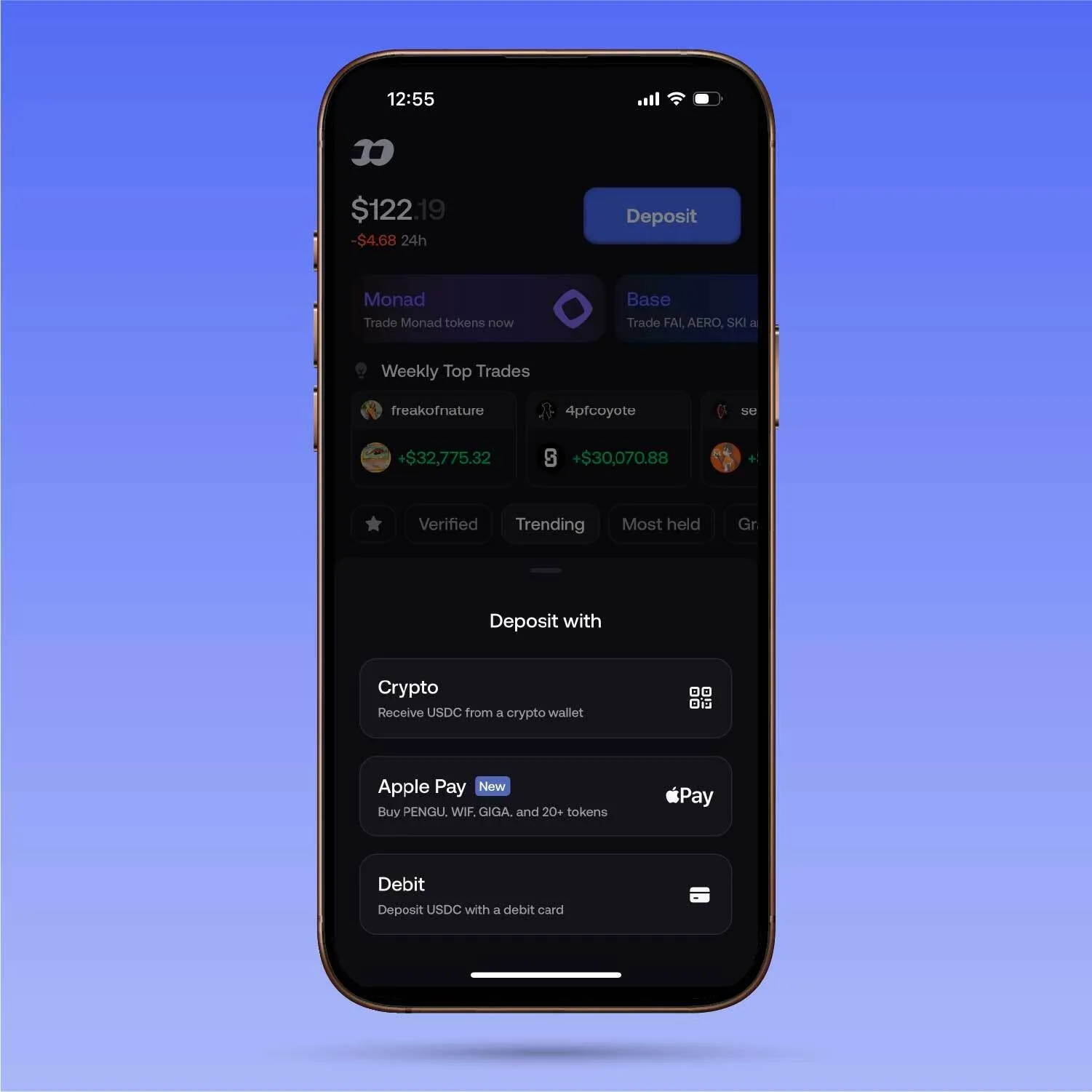 fomo deposit menu: USDC from a wallet, Apple Pay, or debit card